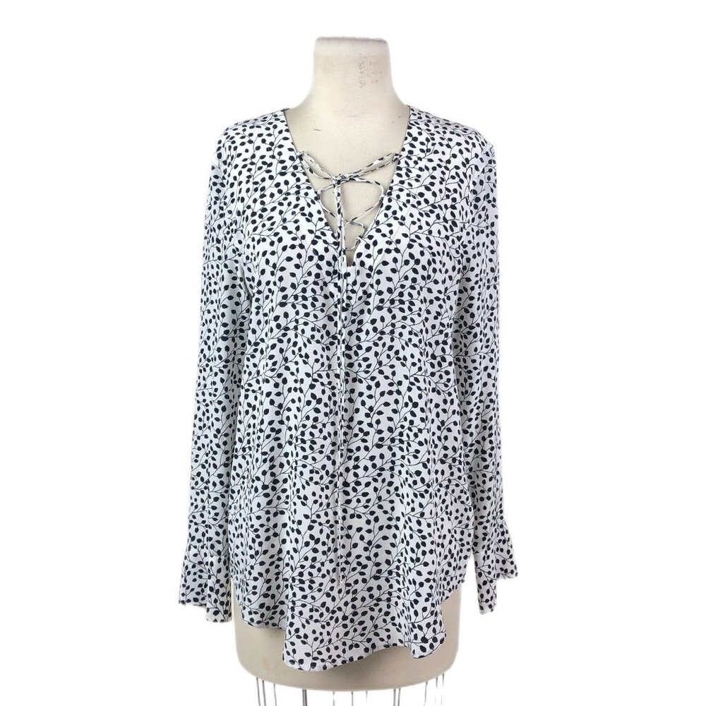 Equipment Femme Black & White Vine Leaf Print Silk Blouse Laced V Neck Size S